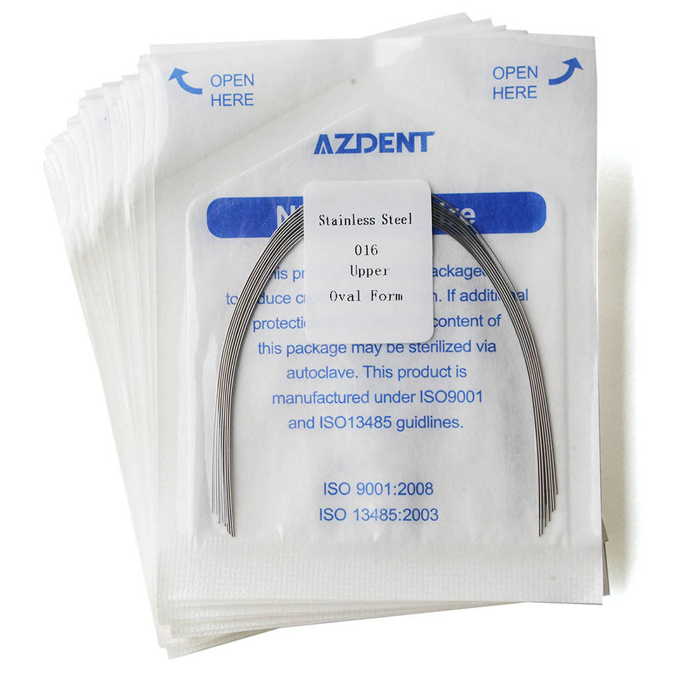 Arco de alambre AZDENT de acero inoxidable, forma ovalada, redondo, 0,016 mm, superior, 10 unidades/paquete