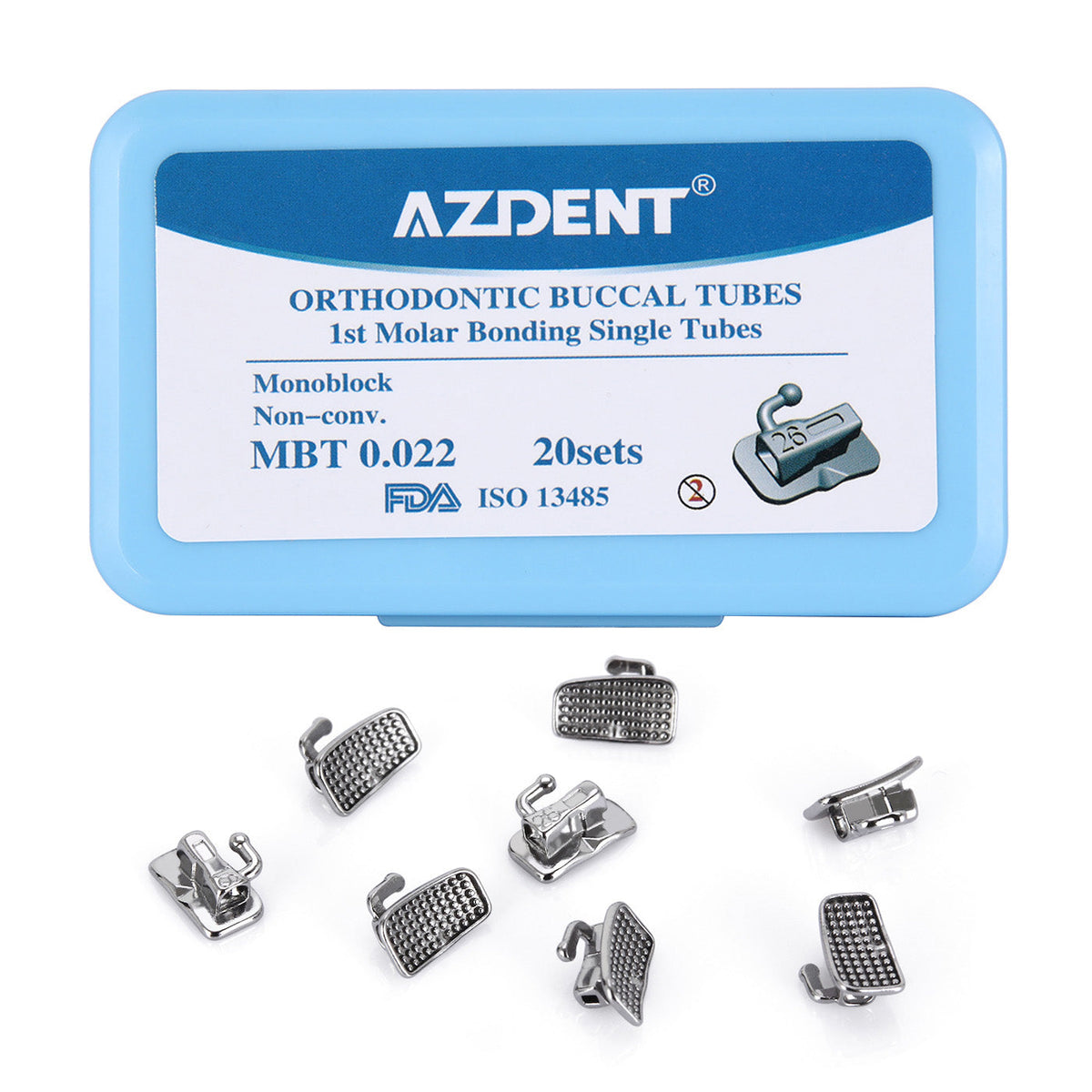 Tubo bucal AZDENT para primer molar, monobloque no convertible, MBT 0.022, marcado láser, 20 juegos/caja