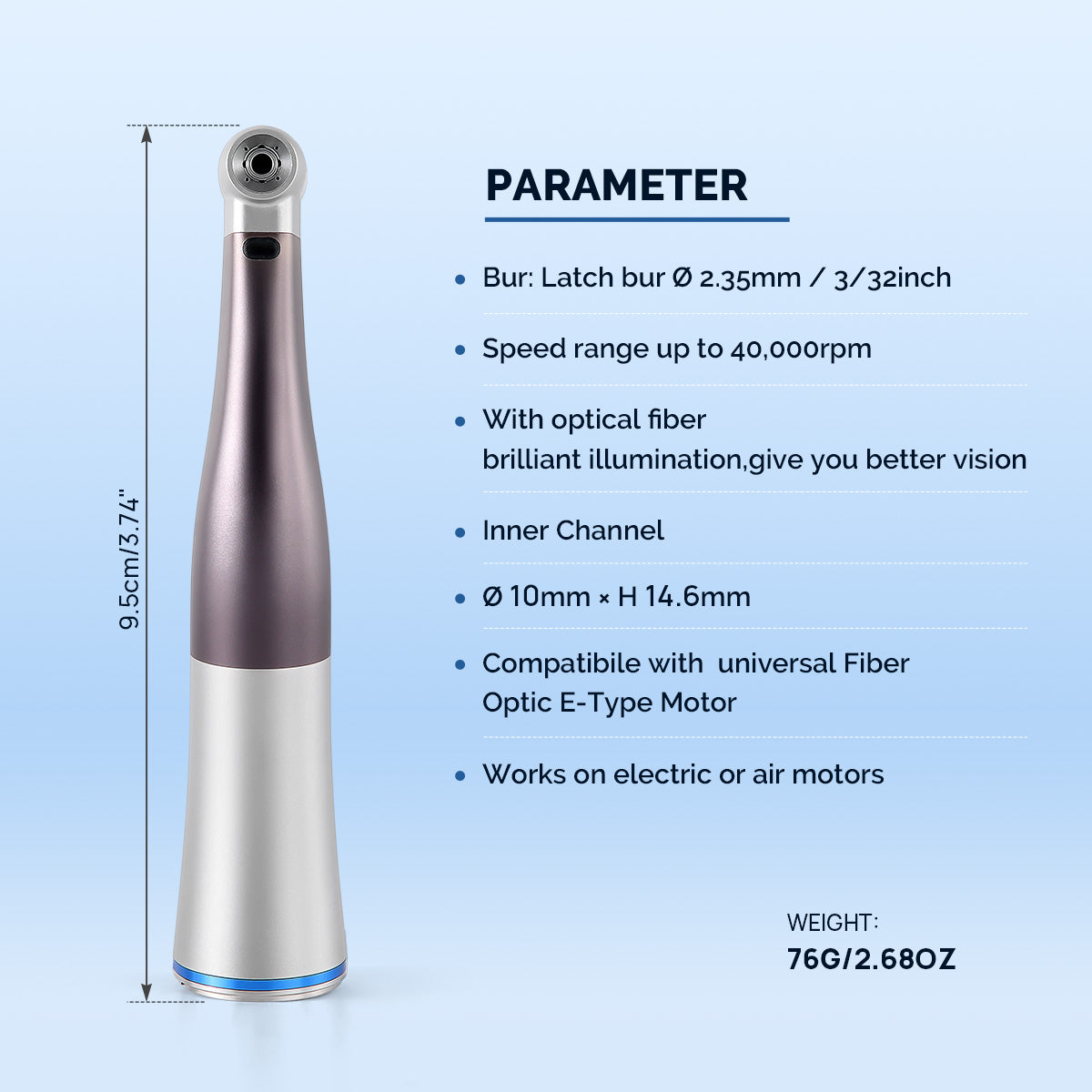 AZDENT 1:1 Fiber Optic LED Low Speed Contra Angle Handpiece Push Button Internal Spray