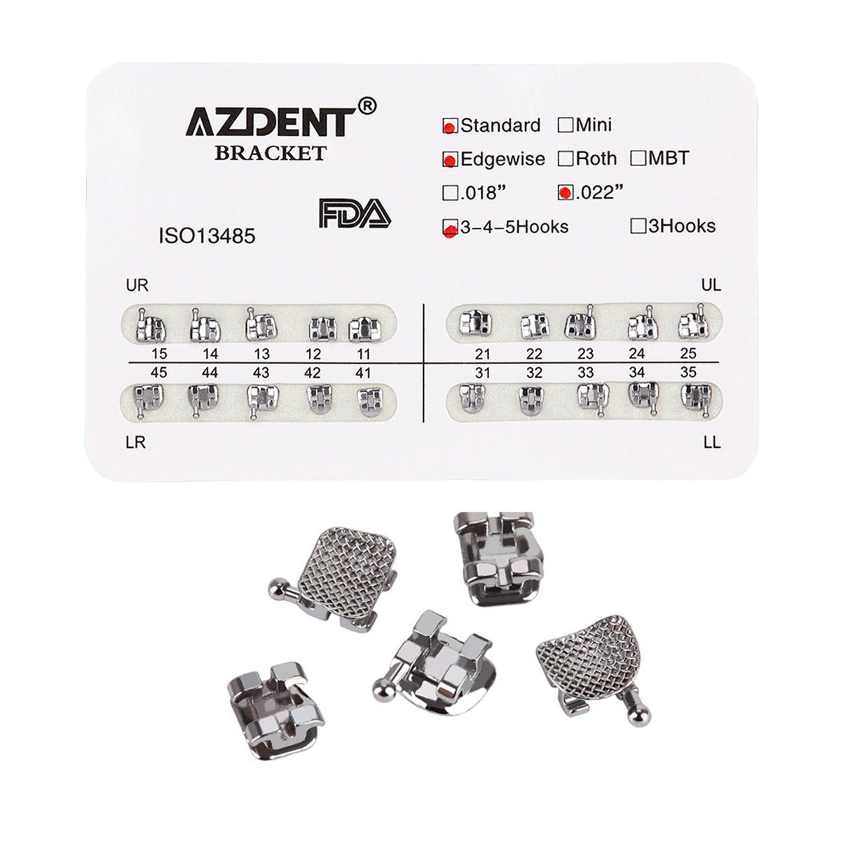 Металлические брекеты AZDENT для зубов, стандартные, с прорезью Edgewise, .022, крючки на 345, 20 шт./упаковка