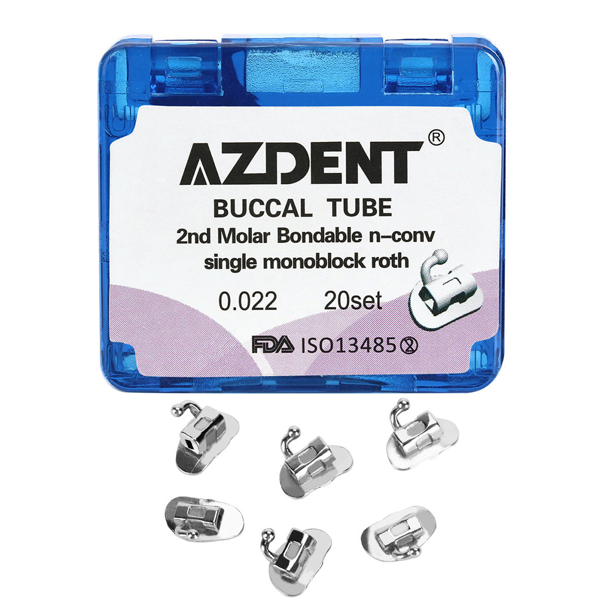 Tubo bucal AZDENT para 2.º molar, monobloque cementable, no convertible, Roth 0.022, 20 juegos/caja