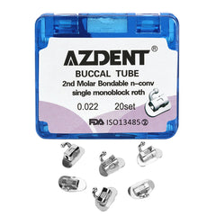 Tubo bucal AZDENT para 2.º molar, monobloque cementable, no convertible, Roth 0.022, 20 juegos/caja