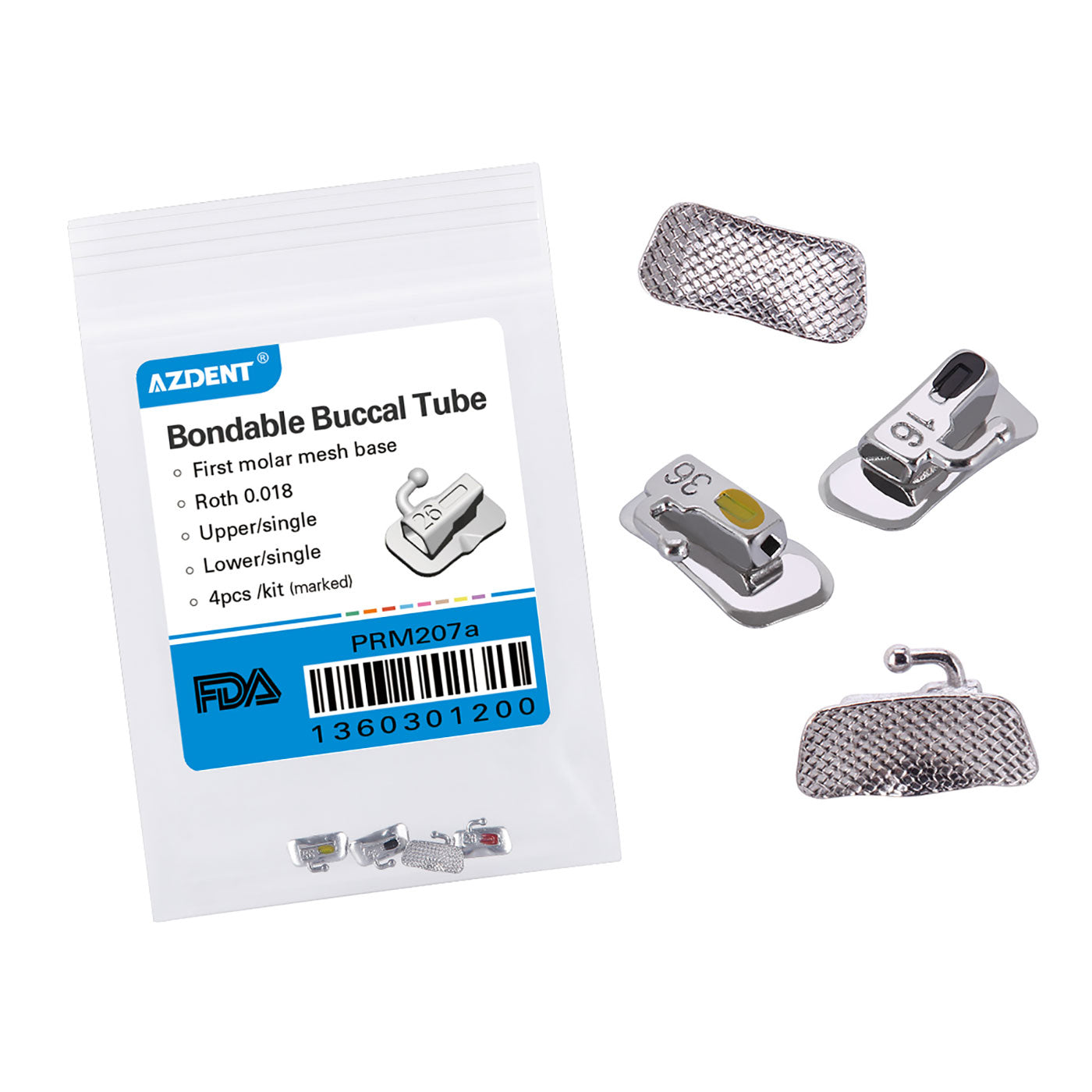Tubo bucal AZDENT para primer molar, adherible, tamaño completo, cuadrantes surtidos (UR, UL, LL y LR), 4 unidades por bolsa
