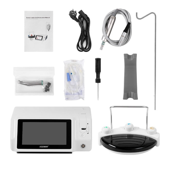 AZDENT Dental Implant Motor Brushless Color Touch Screen And 45 Degree 1:4.2 Increasing Fiber Optic Handpiece External Water