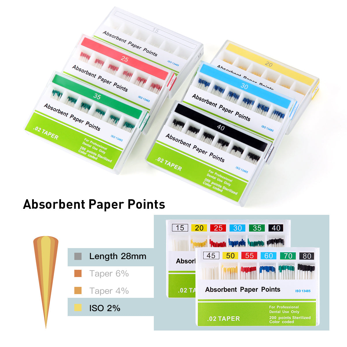 Absorbent Paper Points #15-80 Taper Size 0.02 Color Coded 8 Models 200/Box