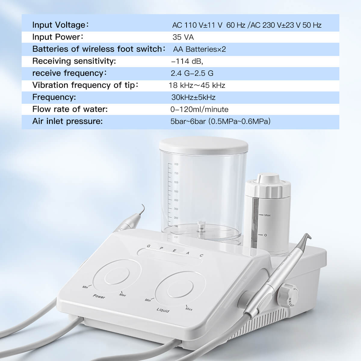 Raspador ultrasónico dental VRN-DQ40, pulidor de aire, sistema de terapia periodontal con chorro de arena, pieza de mano LED