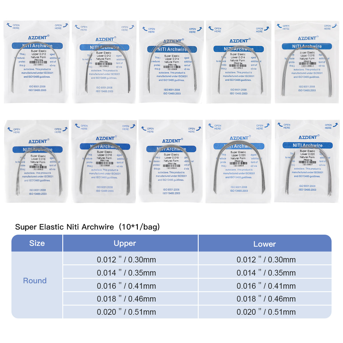 AZDENT Arco de Niti Super Elástico Natural Redondo Tamaño Completo 10 piezas/Paquete