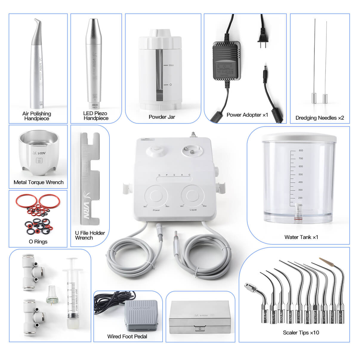 Raspador ultrasónico dental VRN-DQ40, pulidor de aire, sistema de terapia periodontal con chorro de arena, pieza de mano LED
