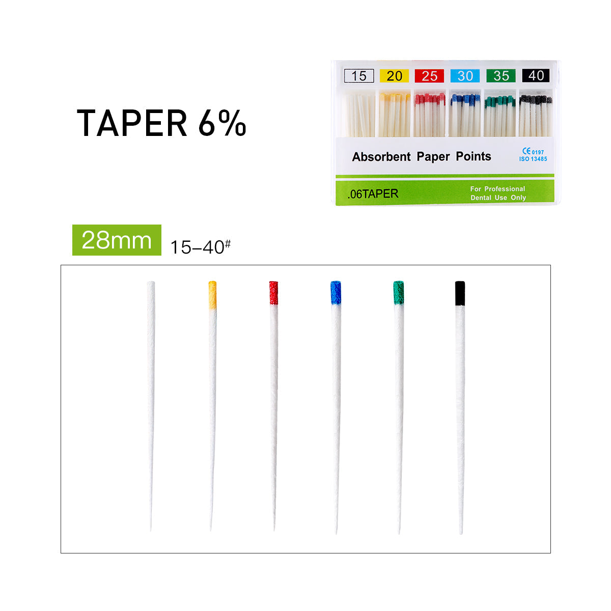 Absorbent Paper Points #15-40 Taper Size 0.06 Color Coded 7 Models 100/Box