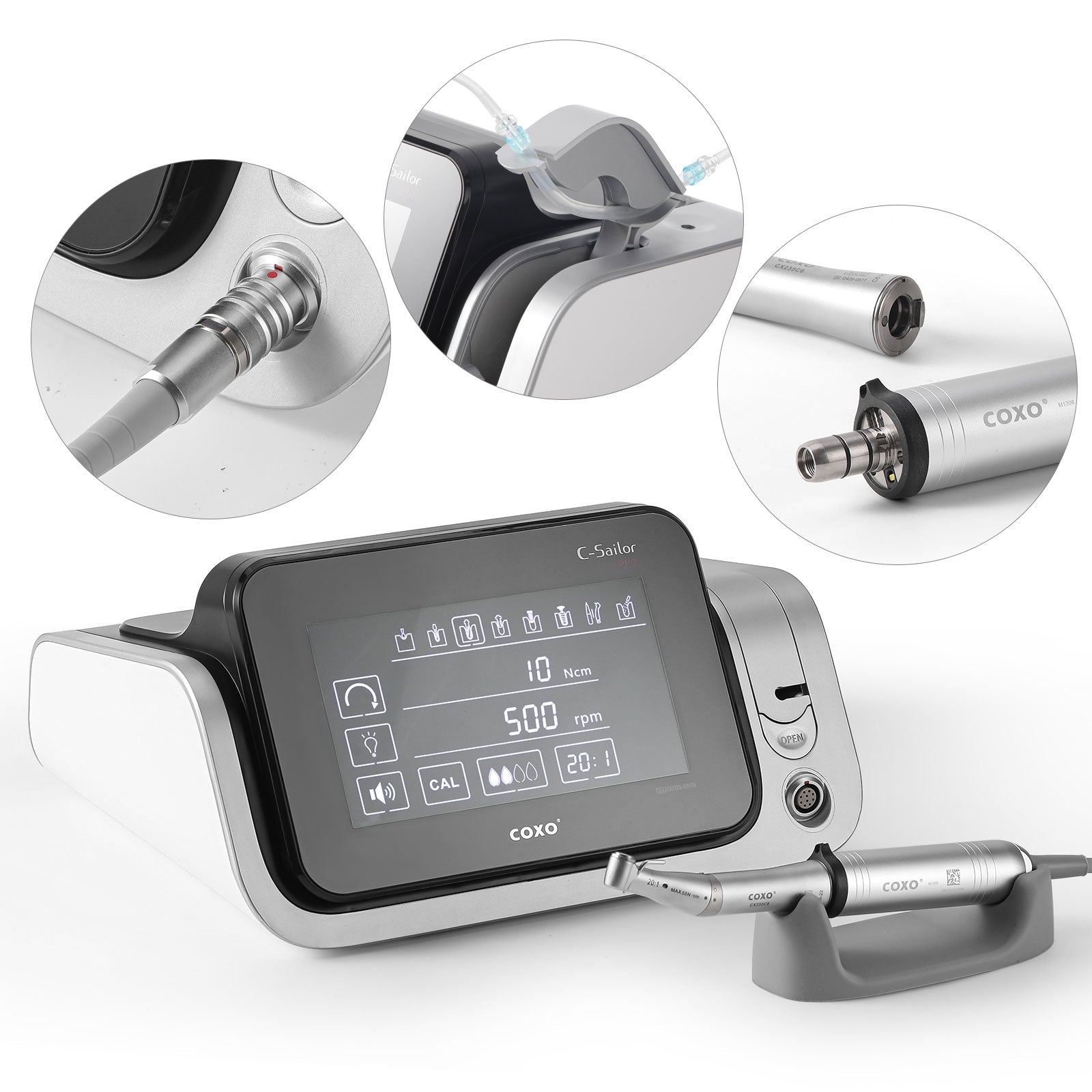 COXO Dental Surgical Brushless Implant Motor 7" Touch Screen With 20:1 Fiber Optic Contra Angle Full-function Pedal Controller #C-SAILOR PRO