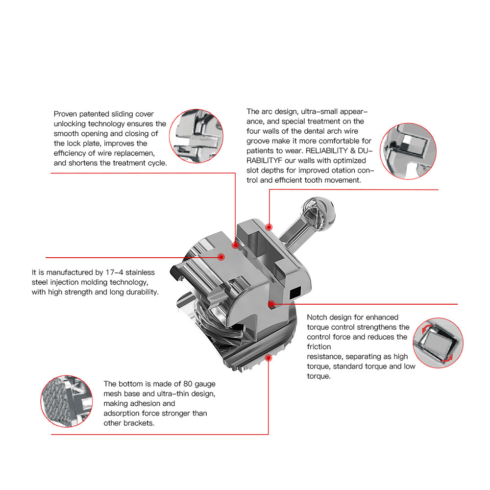 AZDENT Metal Self-Ligating Brackets Full Sizes Movable Hook Auxiliary Hole With Buccal Tube 28pcs/Box