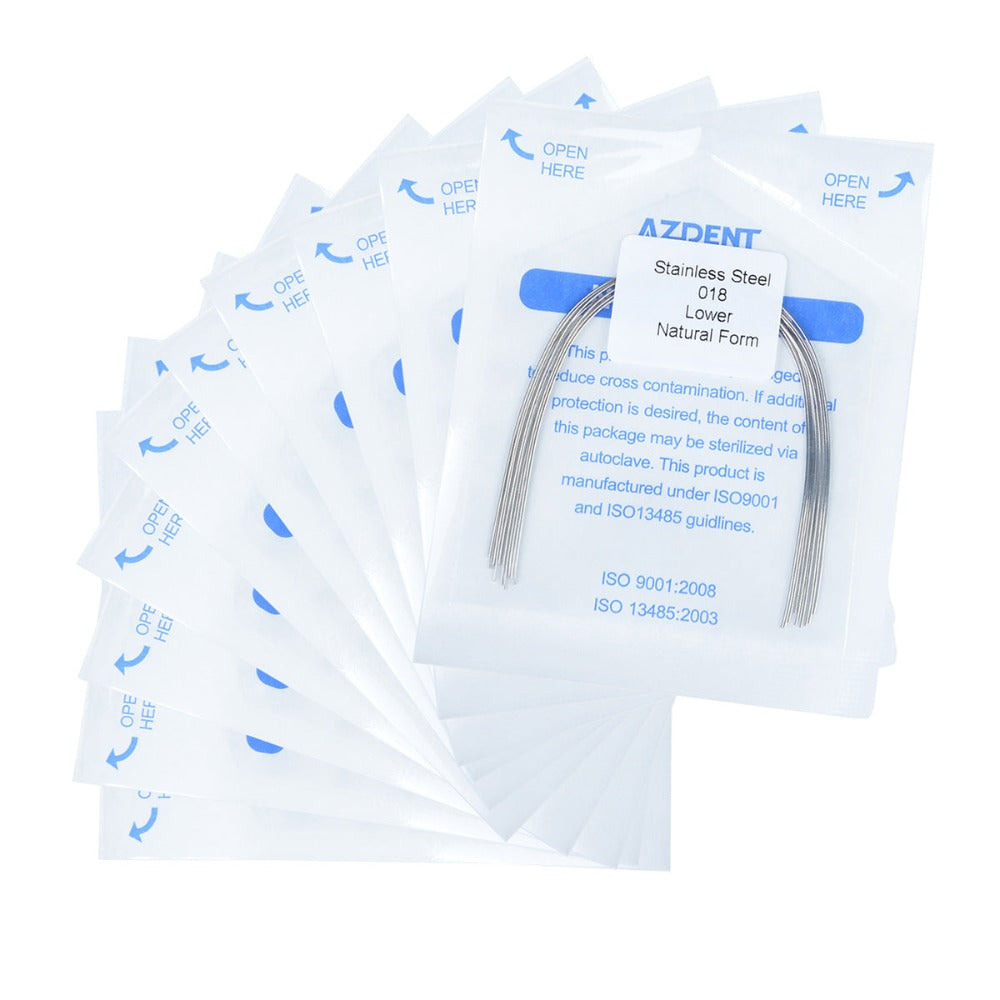 Arco de alambre AZDENT de acero inoxidable, forma natural, redondo, 0,018 mm, inferior, 10 unidades/paquete