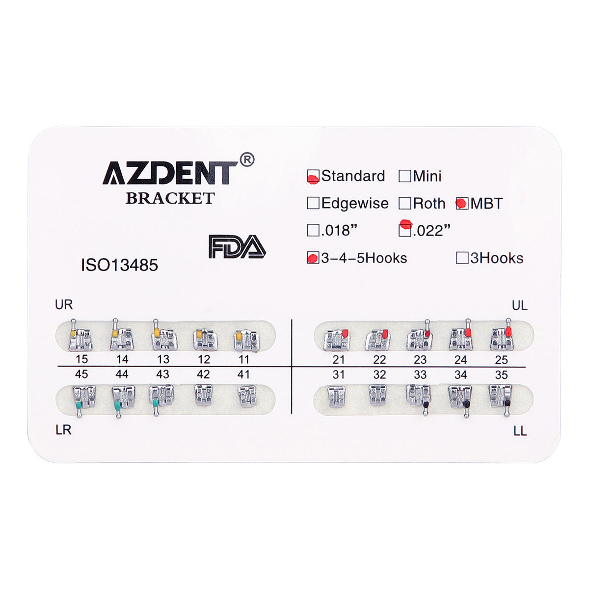 AZDENT Dental Metal Brackets Standard MBT Slot .022 Hooks on 345 20pcs/Pack