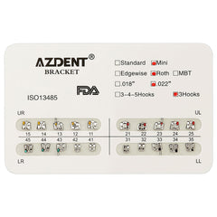 Брекеты стоматологические металлические AZDENT Mini Roth Slot.022 крючки по 3 шт./уп. 20 шт.