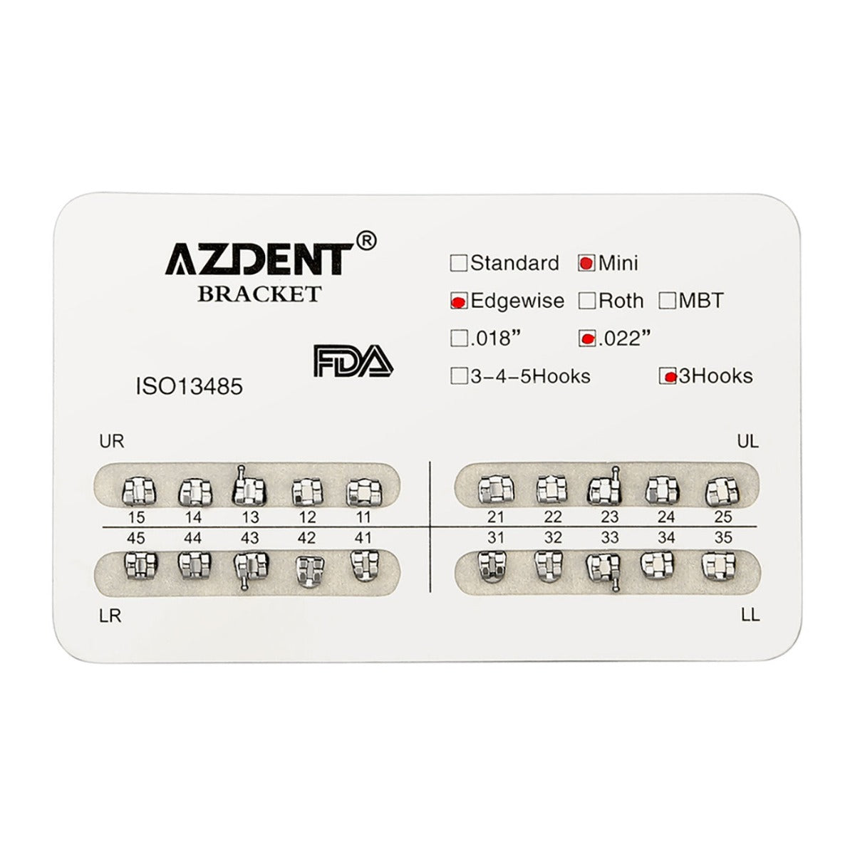 Брекеты стоматологические металлические AZDENT Mini Edgewise Slot .022 крючки на 3 20 шт./упаковка