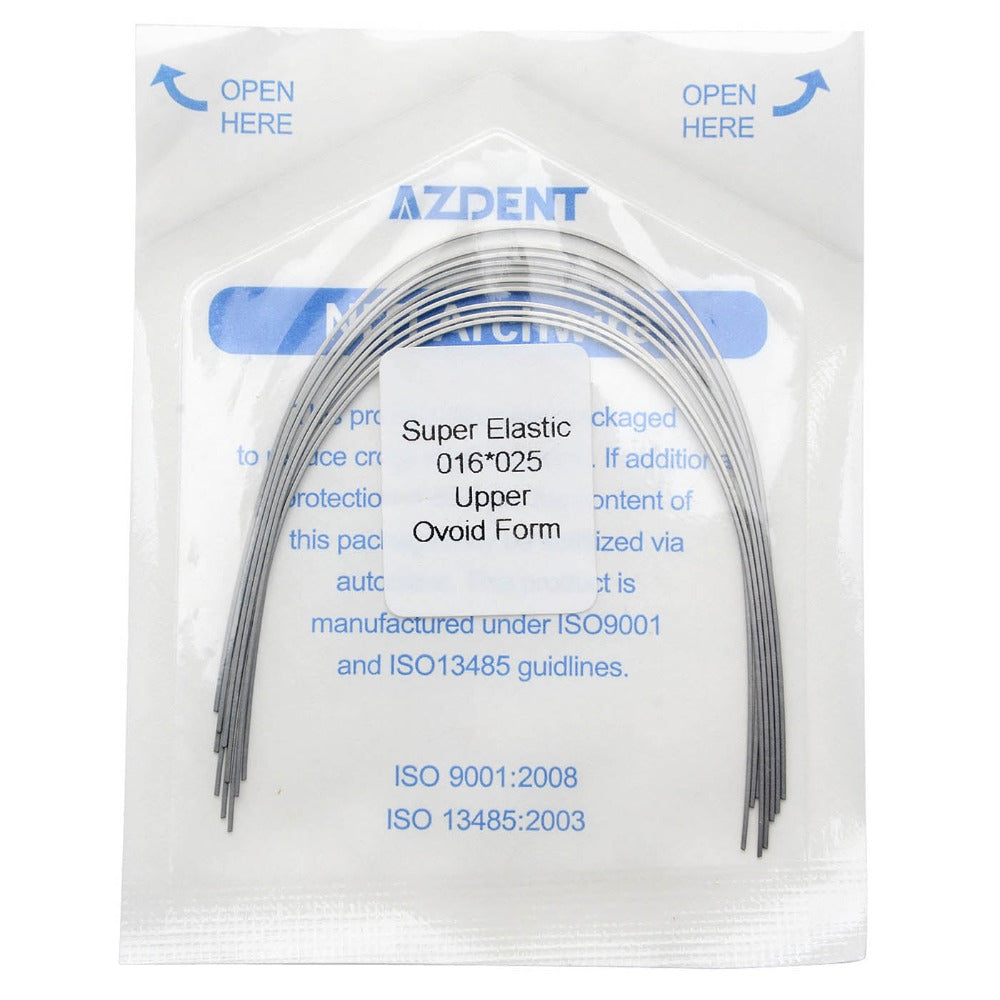 Arco de alambre AZDENT Niti Super Elastic, forma ovoide, rectangular, 0,016 x 0,025, superior, 10 unidades/paquete