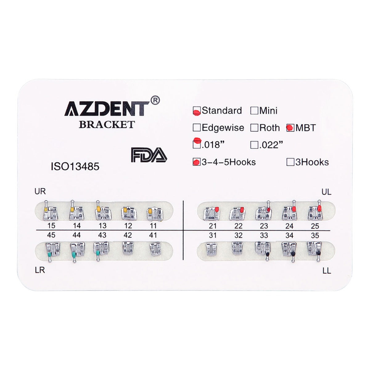 AZDENT Dental Metal Brackets Standard MBT Slot .018 Hooks on 345 20pcs/Pack