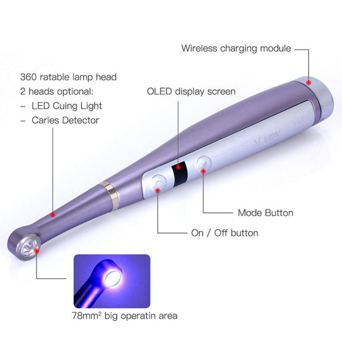 Lámpara de polimerización LED inalámbrica VAFU con pantalla OLED de 1 segundo de curado profundo, amplio espectro, cuerpo metálico con detector de caries y fotómetro de 3200 mW/cm²