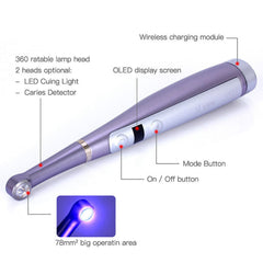 Lámpara de polimerización LED inalámbrica VAFU con pantalla OLED de 1 segundo de curado profundo, amplio espectro, cuerpo metálico con detector de caries y fotómetro de 3200 mW/cm²