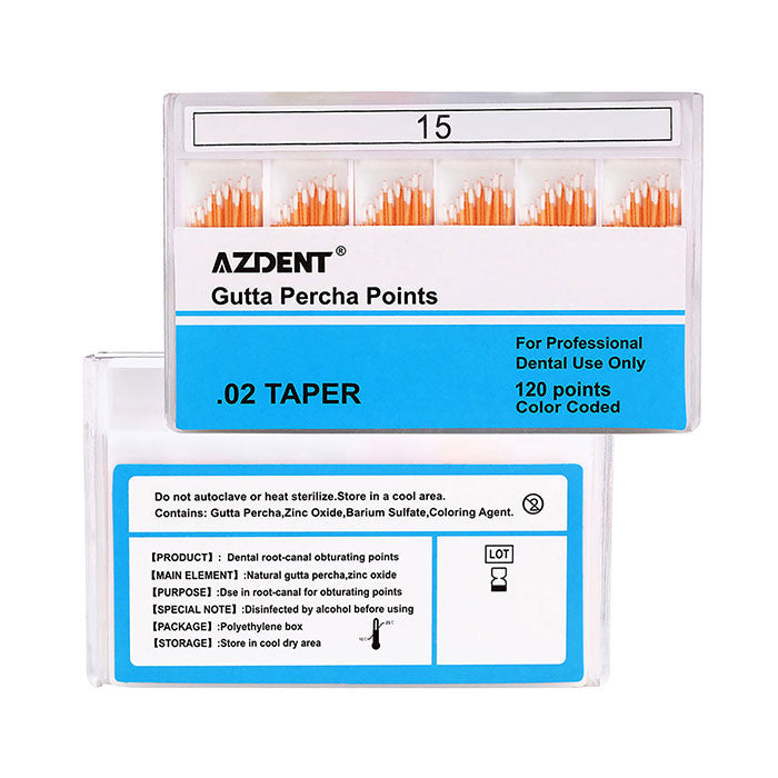 Штифты гуттаперчевые AZDENT №15, конусность 0,02, цветовая кодировка, 120 шт. в коробке