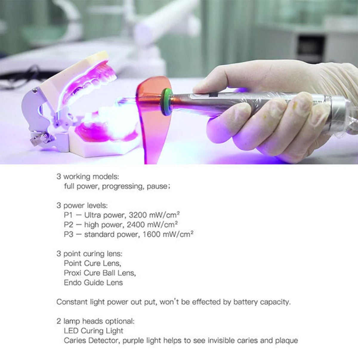 Lámpara de polimerización LED inalámbrica VAFU con pantalla OLED de 1 segundo de curado profundo, amplio espectro, cuerpo metálico con detector de caries y fotómetro de 3200 mW/cm²