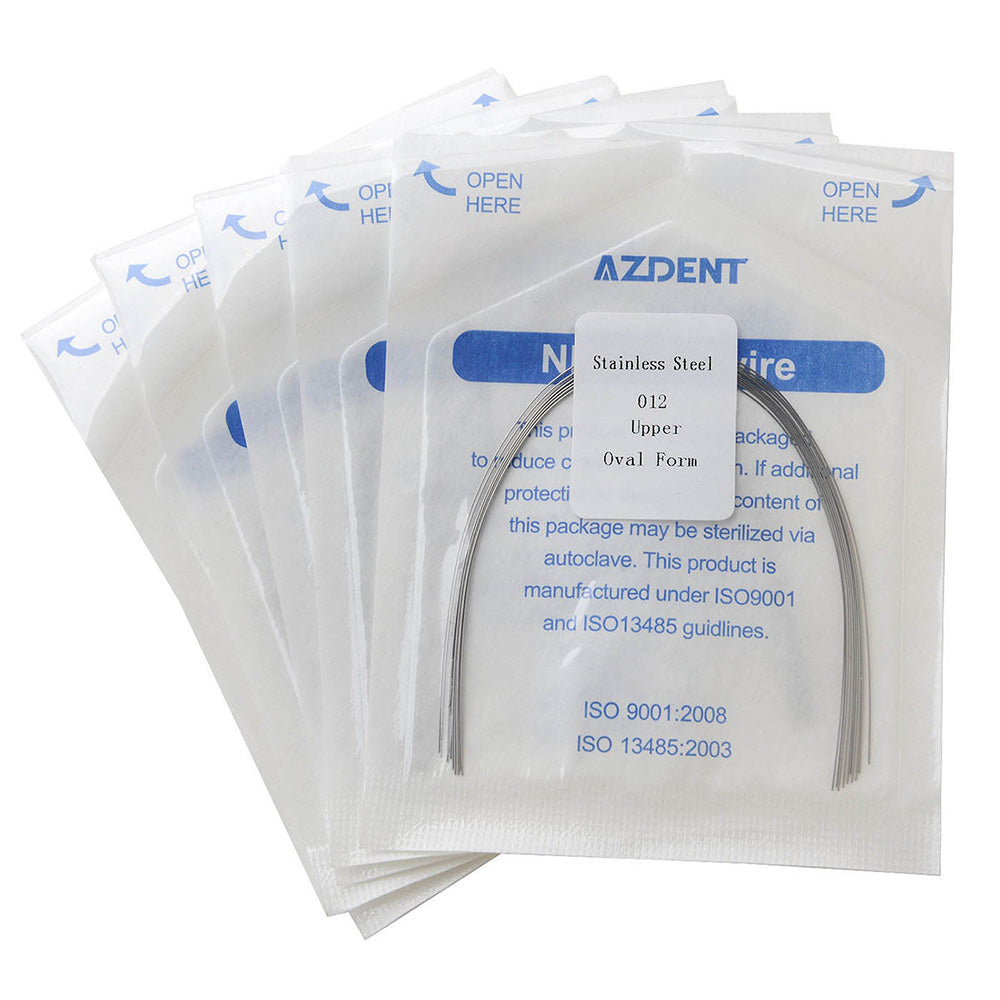 Arco de alambre AZDENT de acero inoxidable, forma ovalada, redondo, 0,012 mm, superior, 10 unidades/paquete