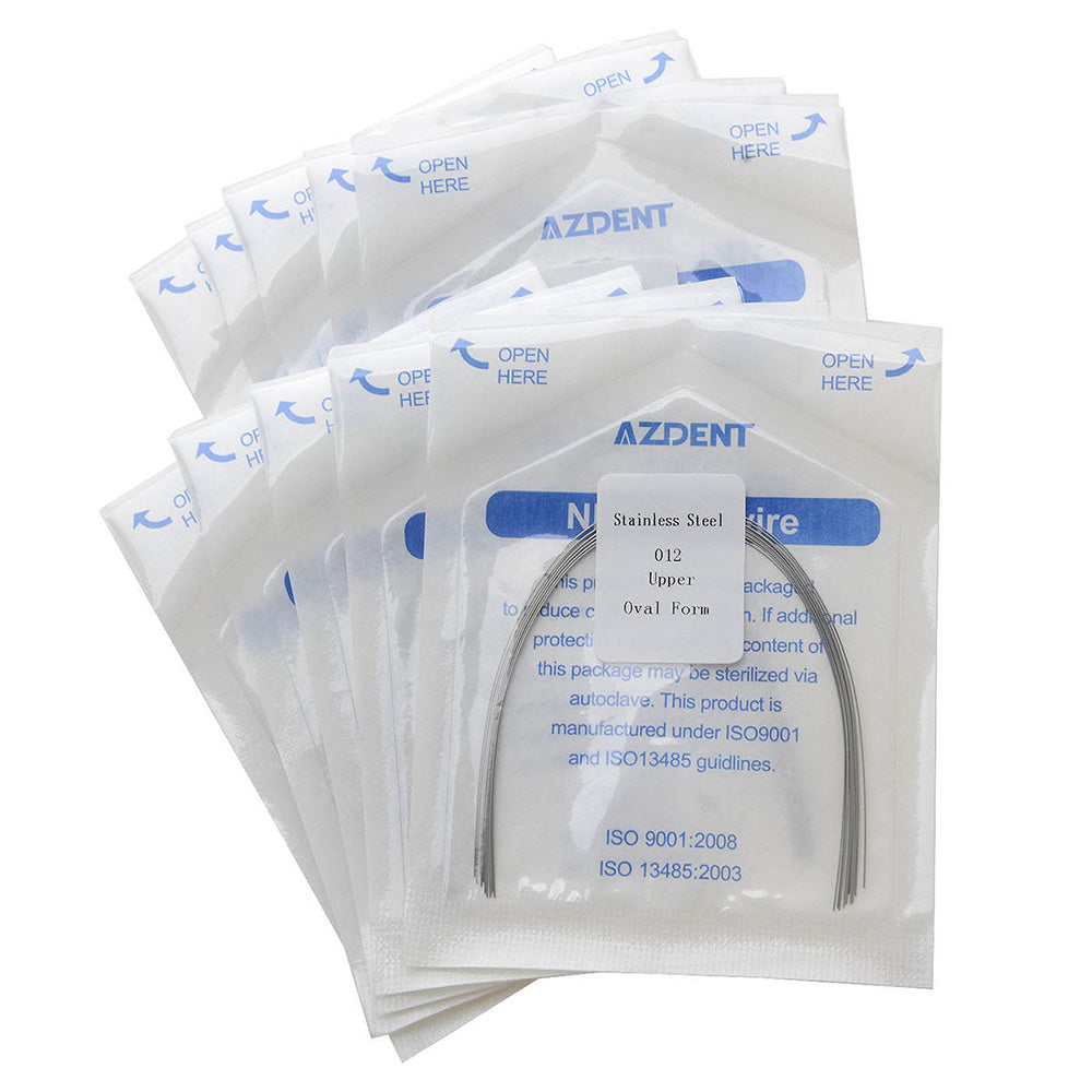Arco de alambre AZDENT de acero inoxidable, forma ovalada, redondo, 0,012 mm, superior, 10 unidades/paquete