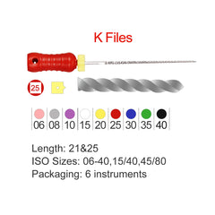 Limas dentales manuales AZDENT de acero inoxidable de 25 mm, n.° 15-80, 6 unidades, 9 colores