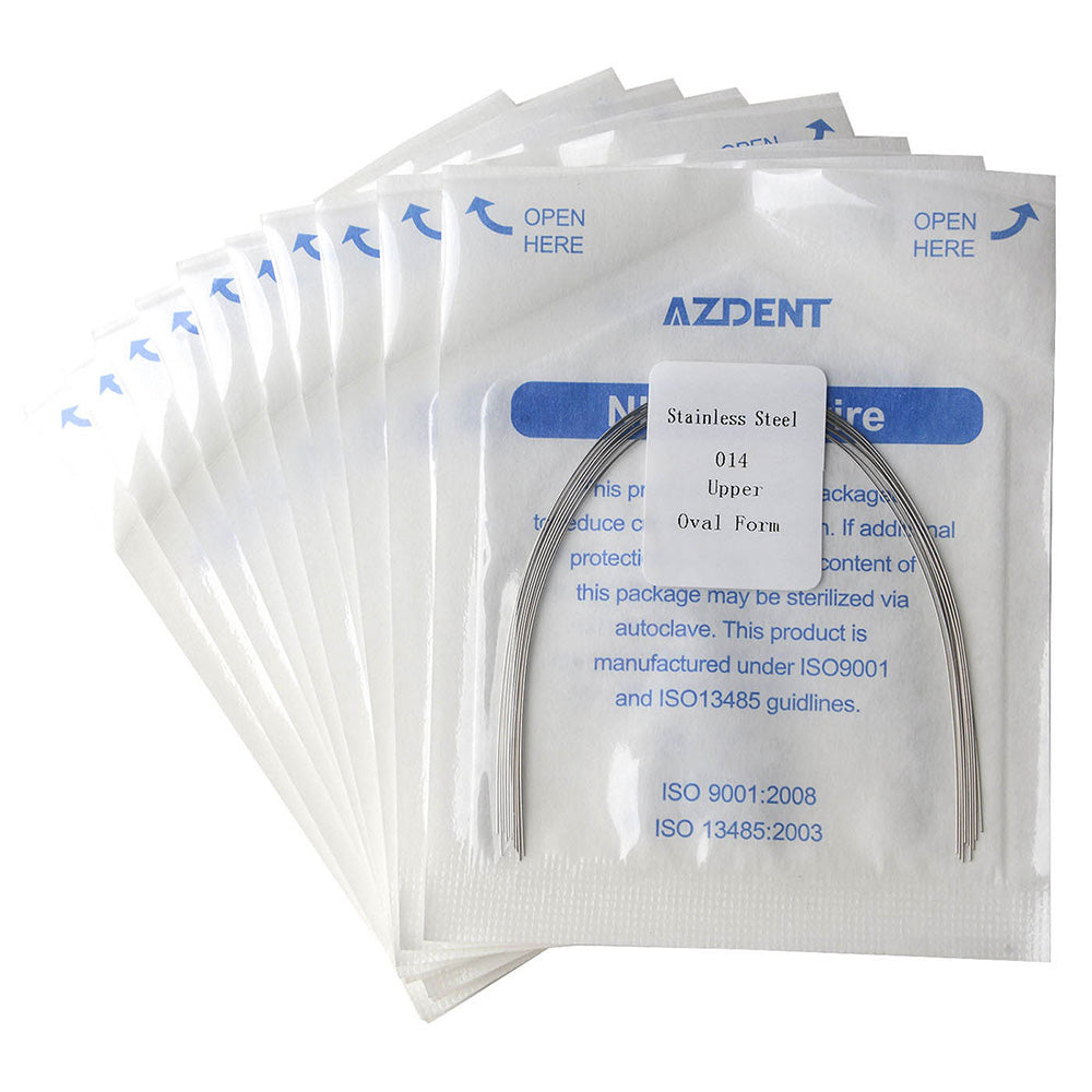 Arco de alambre AZDENT de acero inoxidable, forma ovalada, redondo, 0,014 mm, superior, 10 unidades/paquete