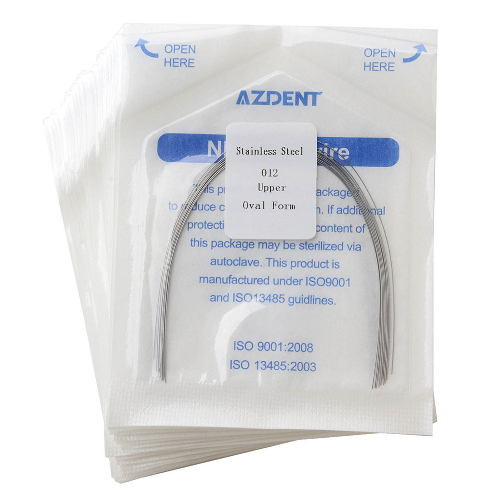 Arco de alambre AZDENT de acero inoxidable, forma ovalada, redondo, 0,012 mm, superior, 10 unidades/paquete