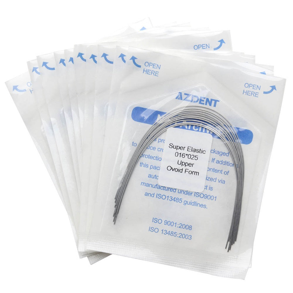 Arco de alambre AZDENT Niti Super Elastic, forma ovoide, rectangular, 0,016 x 0,025, superior, 10 unidades/paquete