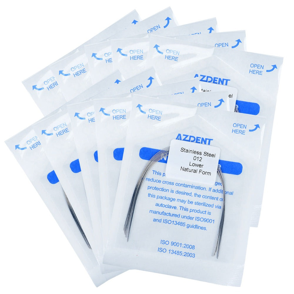Arco de alambre AZDENT de acero inoxidable, forma natural, redondo, 0,012 mm, inferior, 10 unidades/paquete