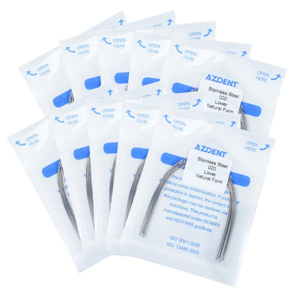 Arco de alambre AZDENT de acero inoxidable, forma natural, redondo, 0,020 mm, inferior, 10 unidades/paquete