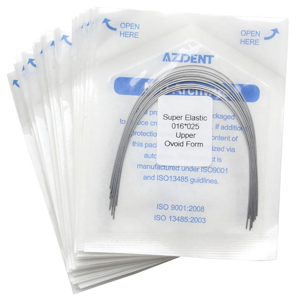 Arco de alambre AZDENT Niti Super Elastic, forma ovoide, rectangular, 0,016 x 0,025, superior, 10 unidades/paquete