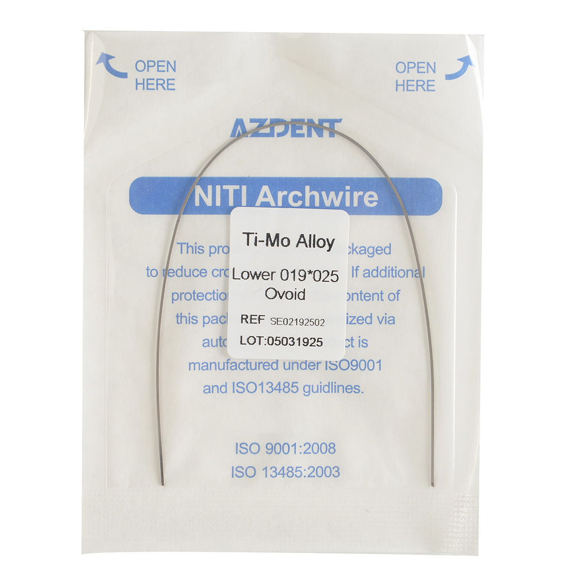 Arco de alambre AZDENT TMA Beta Ti-Mo, ovoide, rectangular, 0,019 x 0,025, inferior, 1 unidad/paquete