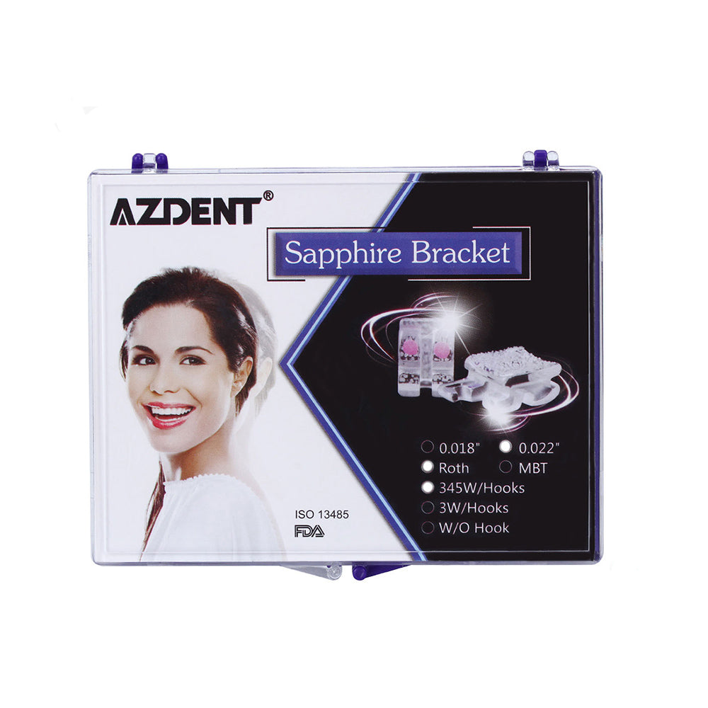 Стоматологическая керамическая брекет-система AZDENT, позиционирование, монокристаллический сапфир и щечная трубка Mini Roth 0,022, крючки на 345