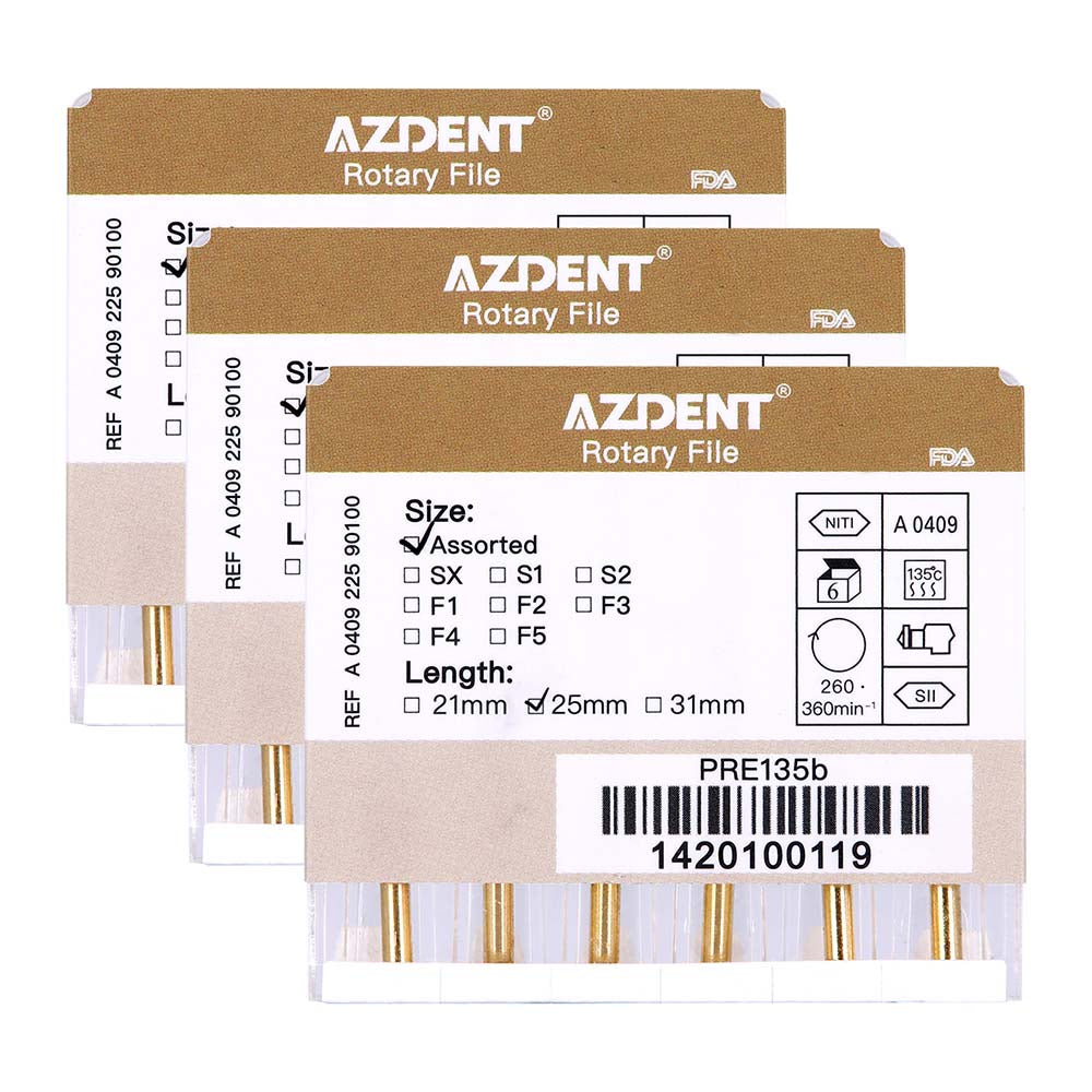 AZDENT Dental NiTi Rotary Engine Files 25mm Assorted SX-F3 Gold 6pcs/Pk