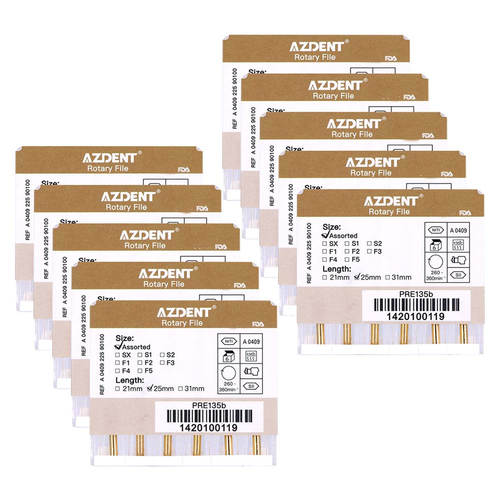 AZDENT Dental NiTi Rotary Engine Files 25mm Assorted SX-F3 Gold 6pcs/Pk