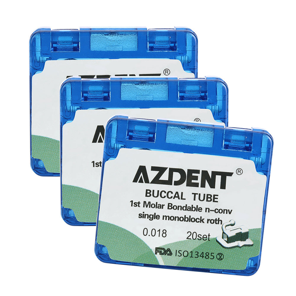 Tubo bucal AZDENT para primer molar, cementable, MIM, monobloque no convertible, Roth 0.018, 20 juegos/caja