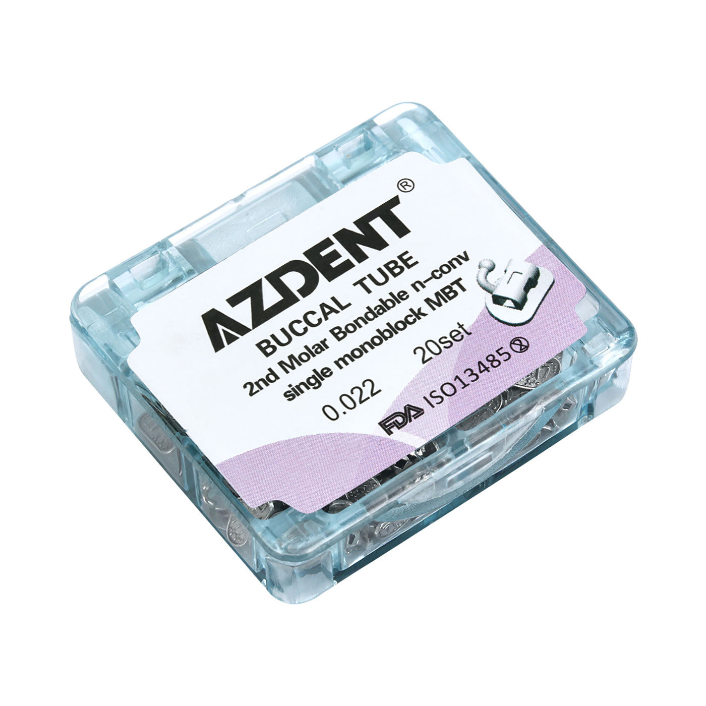 Tubo bucal AZDENT para 2.º molar, monobloque cementable, no convertible, MBT 0.022, 20 juegos/caja