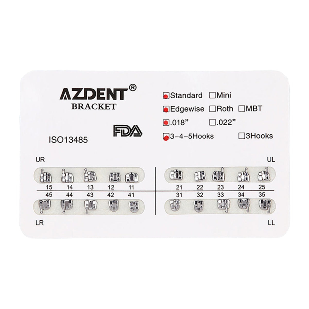 Металлические брекеты AZDENT для зубов, стандартные, с прорезью Edgewise, .018, крючки на 345, 20 шт./упаковка