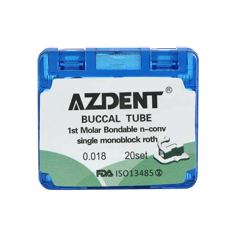 Tubo bucal AZDENT para primer molar, cementable, MIM, monobloque no convertible, Roth 0.018, 20 juegos/caja