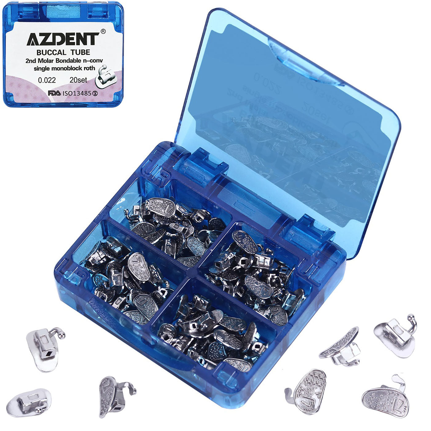 Tubo bucal AZDENT para 2.º molar, monobloque cementable, no convertible, Roth 0.022, 20 juegos/caja