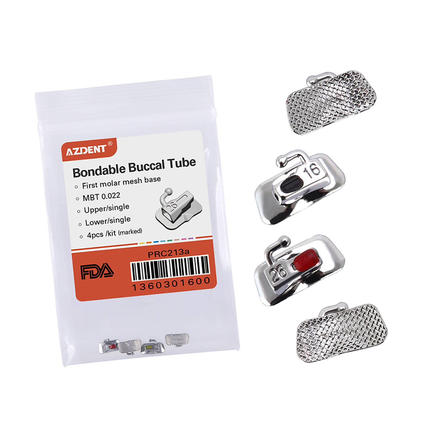 Tubo bucal AZDENT para primer molar, adherible, tamaño completo, cuadrantes surtidos (UR, UL, LL y LR), 4 unidades por bolsa