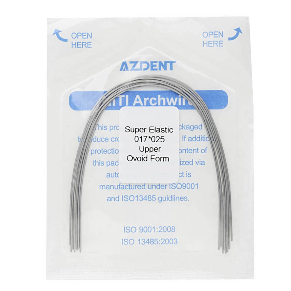 AZDENT Arco de Niti Super Elástico Ovoide Rectangular 0,017 x 0,025 Superior 10 piezas/Paquete