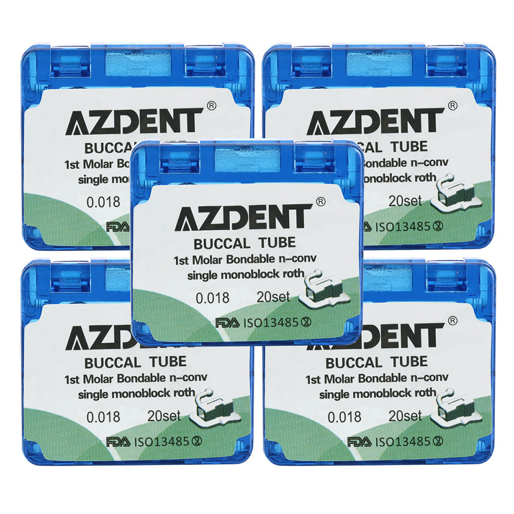 Tubo bucal AZDENT para primer molar, cementable, MIM, monobloque no convertible, Roth 0.018, 20 juegos/caja