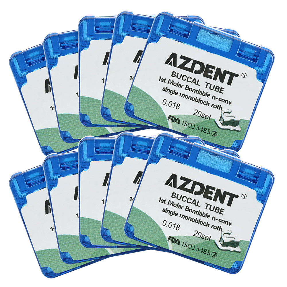 Tubo bucal AZDENT para primer molar, cementable, MIM, monobloque no convertible, Roth 0.018, 20 juegos/caja