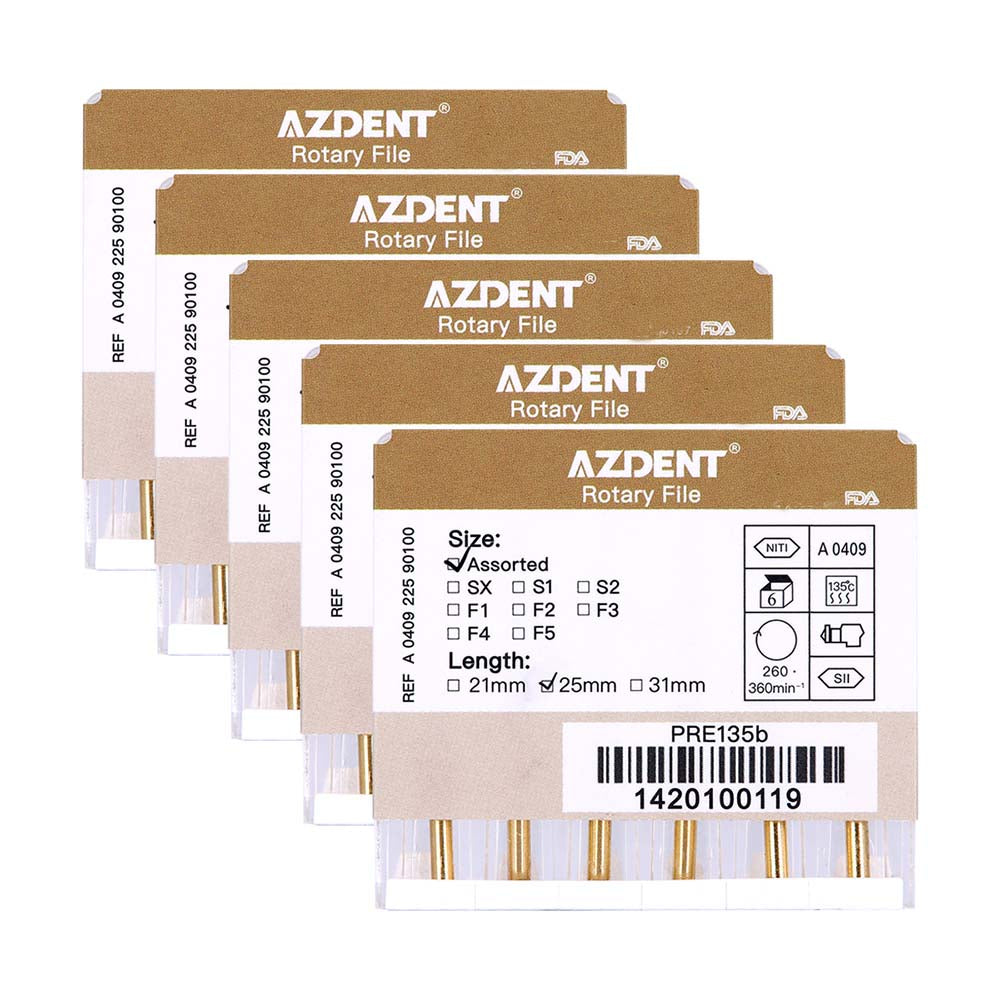 AZDENT Dental NiTi Rotary Engine Files 25mm Assorted SX-F3 Gold 6pcs/Pk