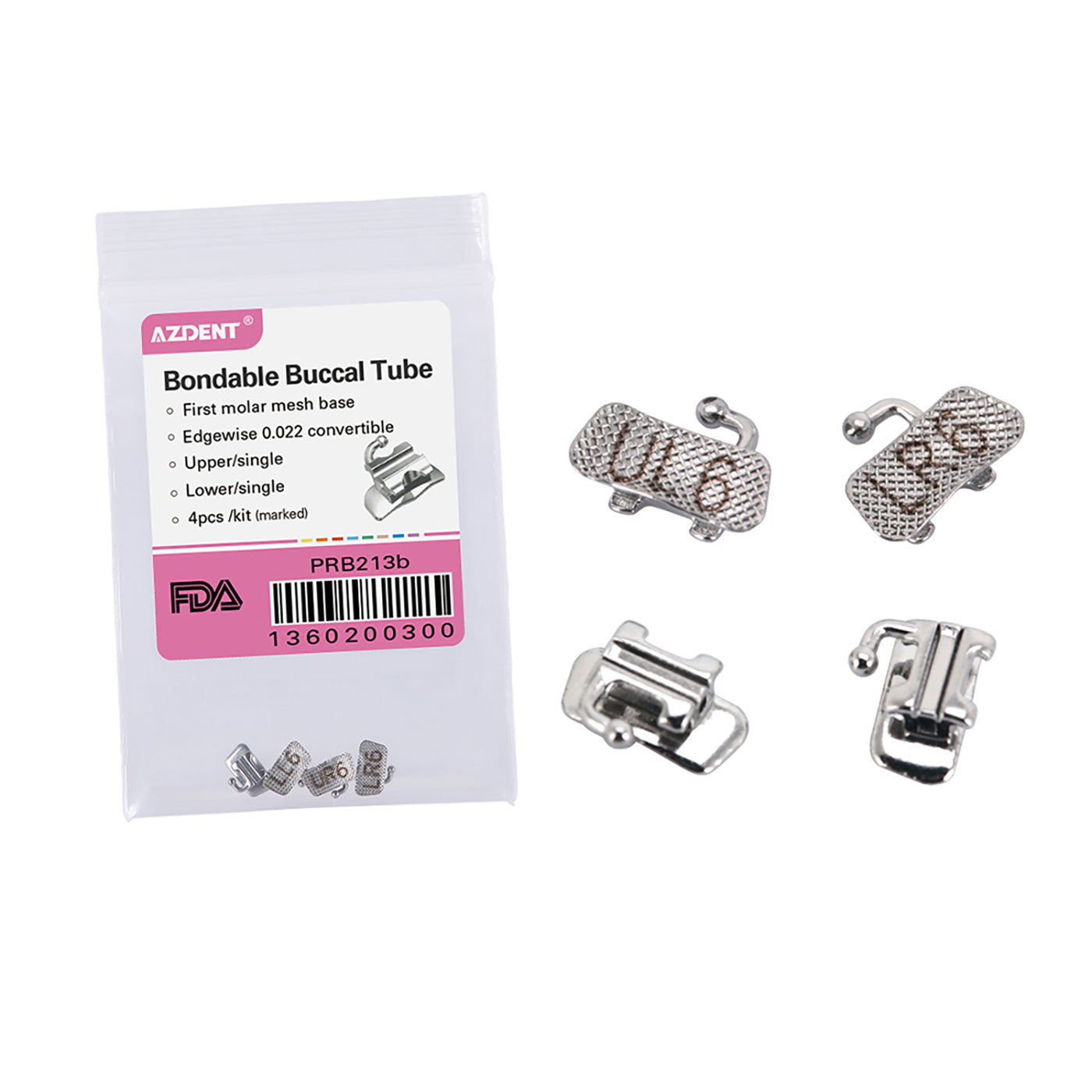 Tubo bucal AZDENT para primer molar, adherible, tamaño completo, cuadrantes surtidos (UR, UL, LL y LR), 4 unidades por bolsa
