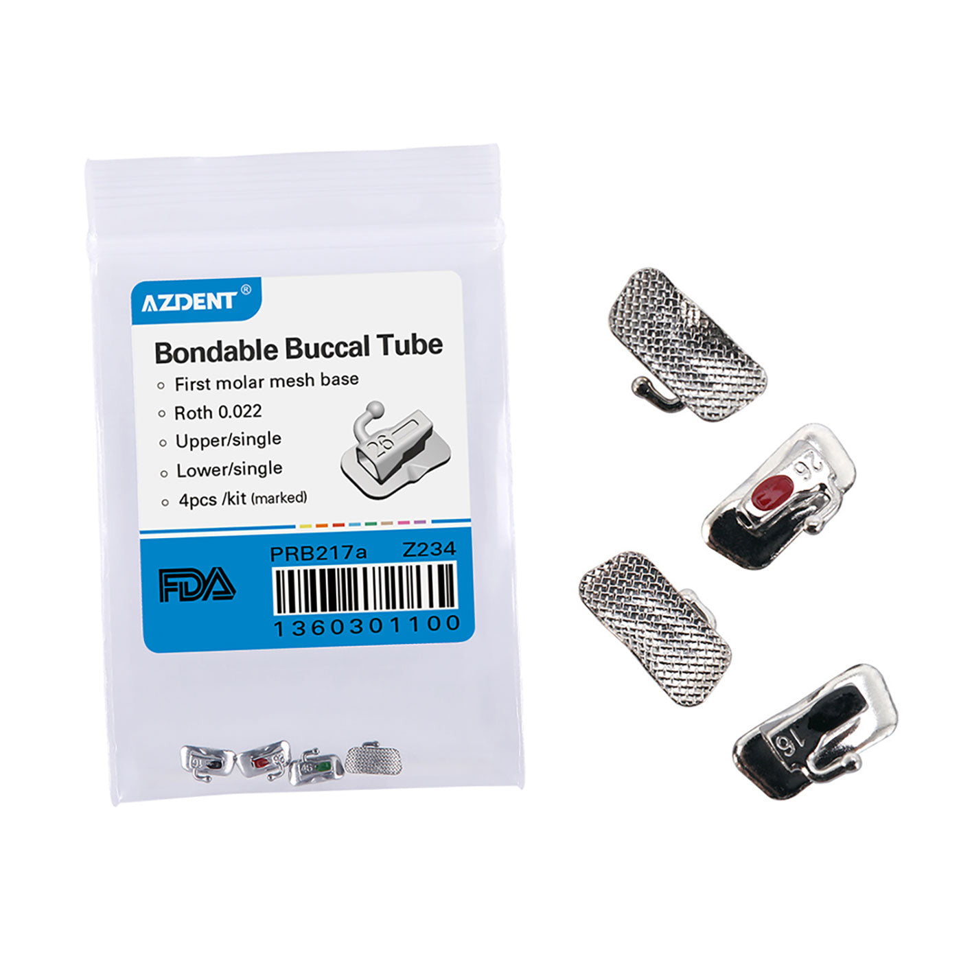 Tubo bucal AZDENT para primer molar, adherible, tamaño completo, cuadrantes surtidos (UR, UL, LL y LR), 4 unidades por bolsa